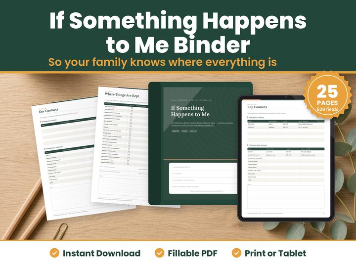 If Something Happens to Me Binder digital download hero image: printed pages and tablet showing the real if something happens to me binder pages