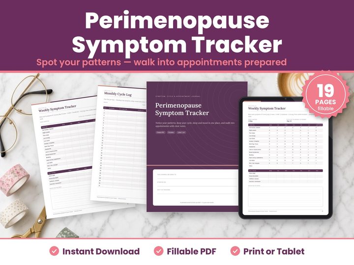 Perimenopause Symptom Tracker digital download hero image: printed pages and tablet showing the real perimenopause symptom tracker pages