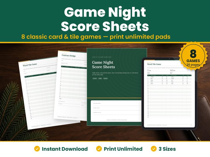 Game Night Score Sheets digital download hero image: printed pages and tablet showing the real game night score sheets pages