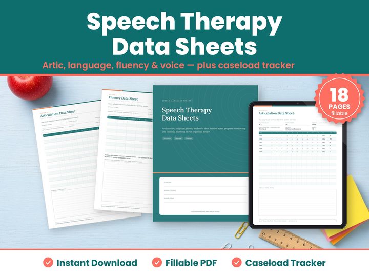 Speech Therapy Data Sheets digital download hero image: printed pages and tablet showing the real speech therapy data sheets pages