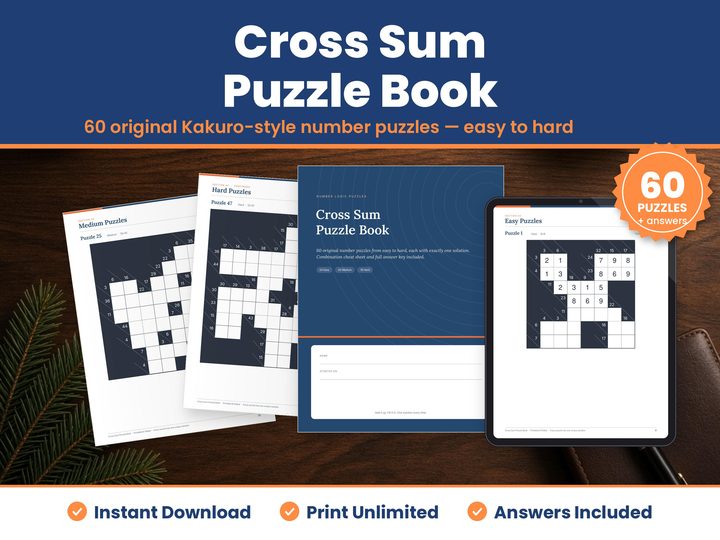 Cross Sum Puzzle Book digital download hero image: printed pages and tablet showing the real kakuro puzzle book pages