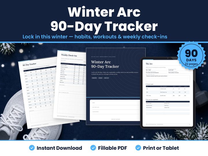 Winter Arc 90-Day Tracker digital download: printed pages and tablet showing the real winter arc tracker pages