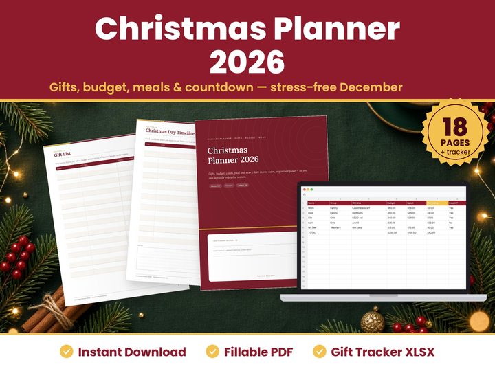 Christmas Planner 2026 digital download: printed pages and tablet showing the real christmas planner 2026 pages